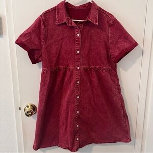 Red Denim Button Down Mini Dress Collared Ruffle Hem Short Sleeve Size XL